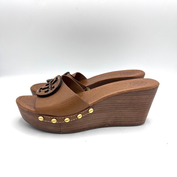 Tory Burch Patti Wedge Slide Sandals Brown Leather Embossed Logo Studded Women 8 - Picture 11 of 16